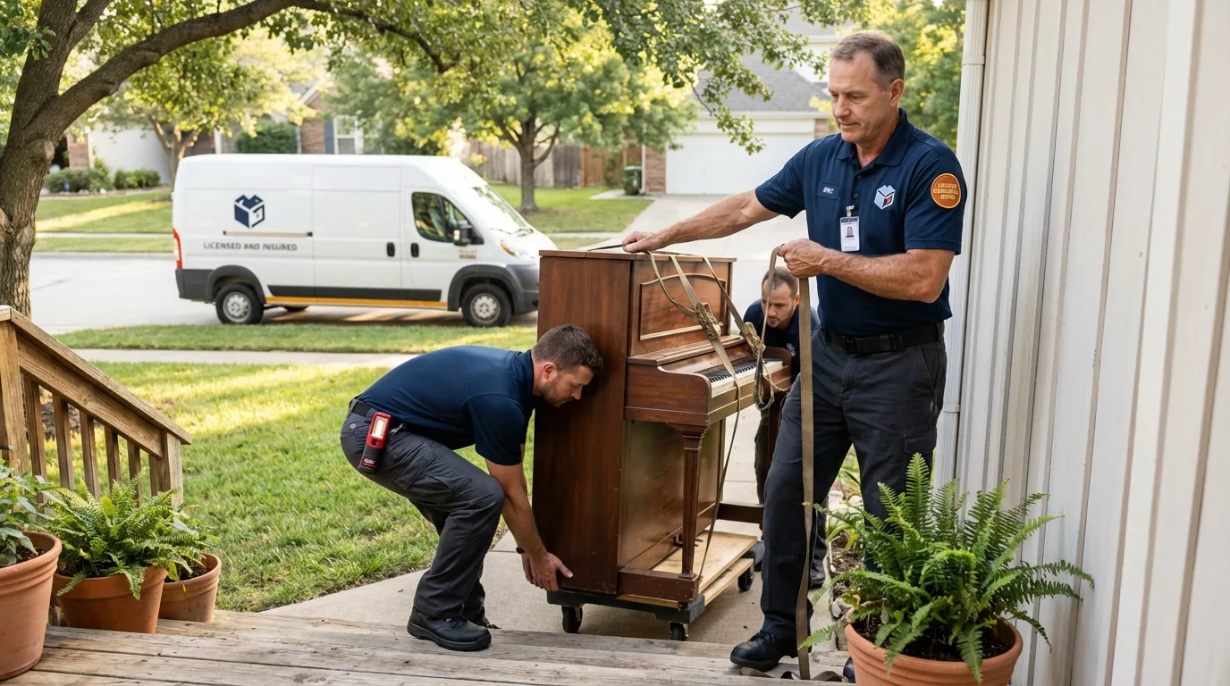 Licensed piano movers securing grand piano in Coopersville, MI