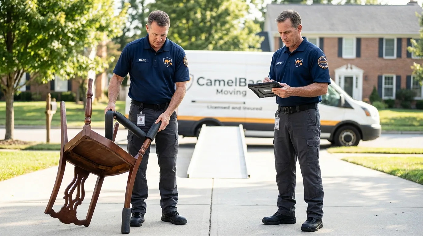 Movers inspecting furniture for damage prevention before loading in Coopersville, MI