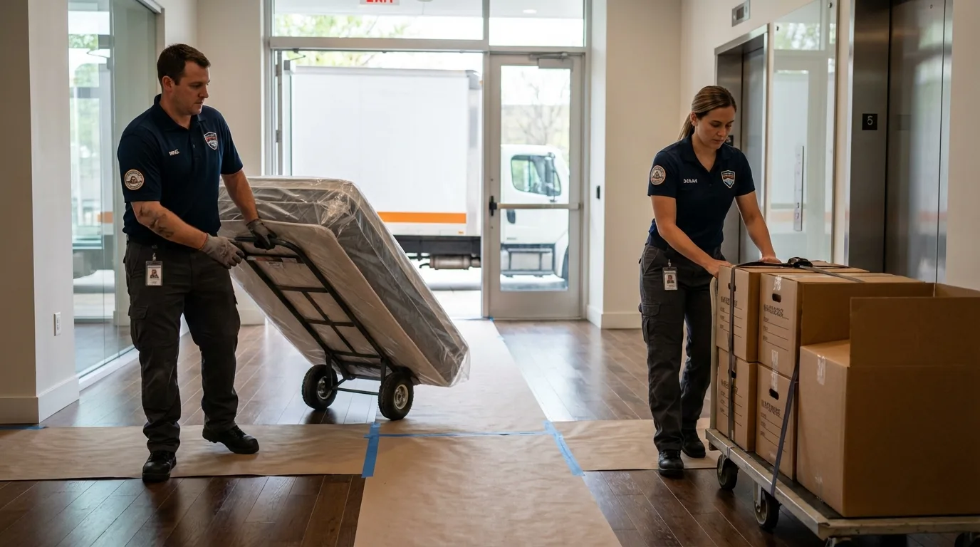 Professional apartment movers loading elevator in Coopersville, MI
