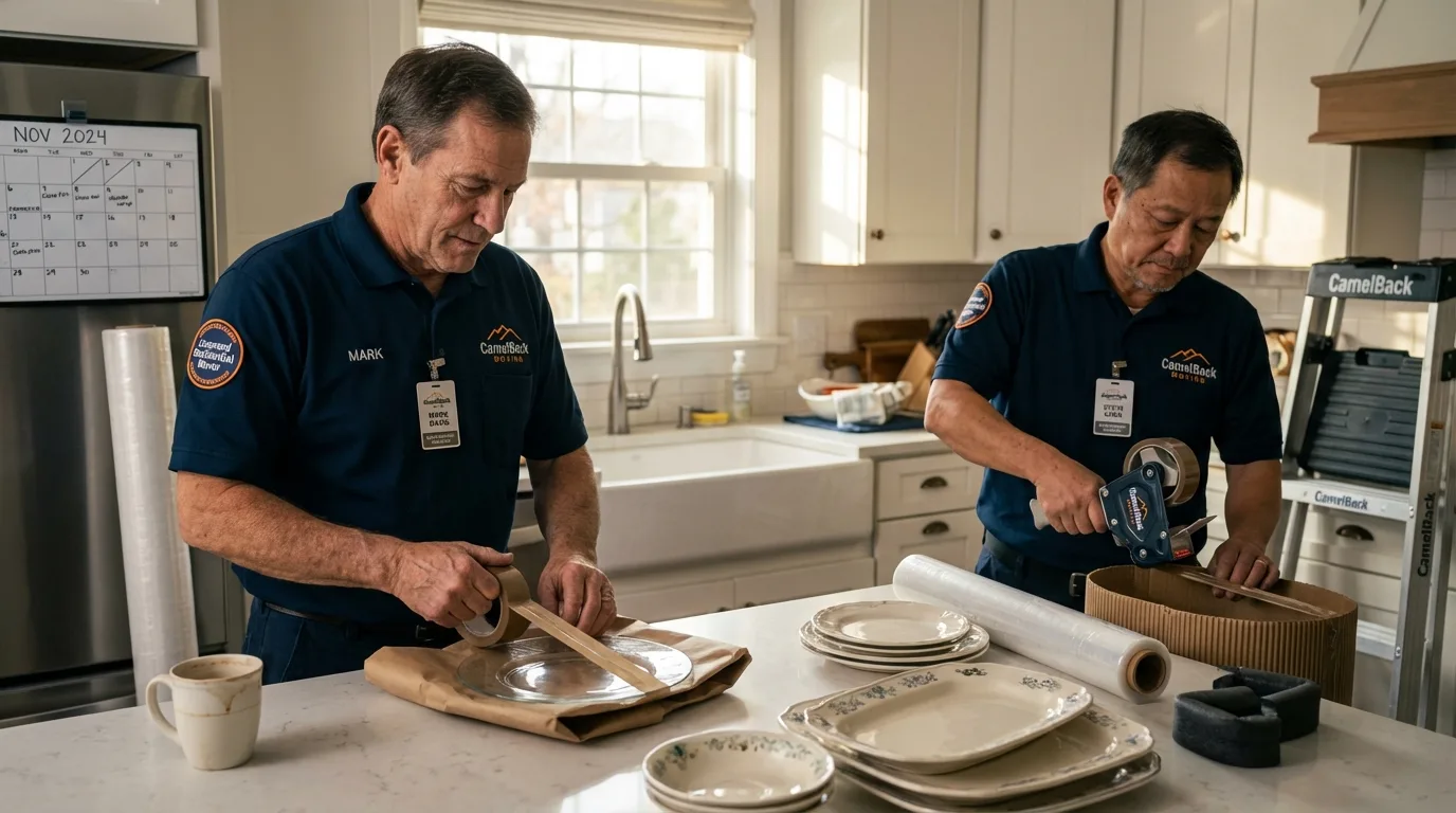 Professional crew packing kitchen dishware in Coopersville, MI